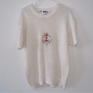 American Weekend Classic White Anchor Embroidered knit short sleeve Sweater